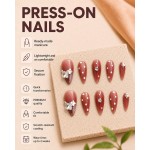 Dusty‑Red Almond Press‑On Nails, Luxury False Nails with White Polka Dots, Metal Flowers & Big Rhinestones